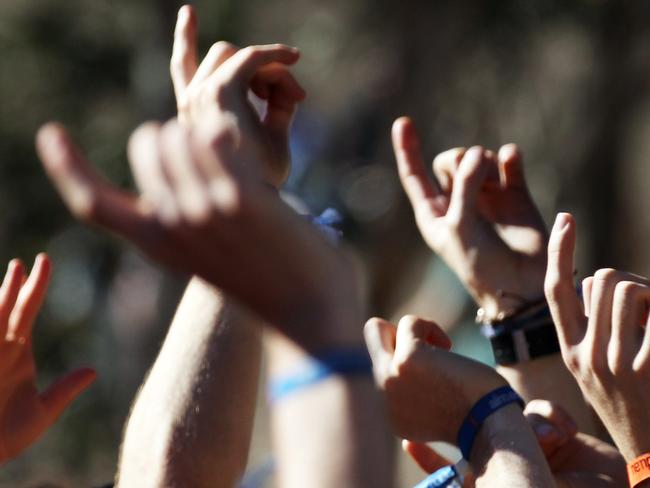 Splendour In The Grass 2014 - North Byron Parklands For : The Daily Telegraph 27 July  , 2014Festival goers raise their arms in the mosh pit at the AmpitheatrePhotograph :  Jason O'Brien