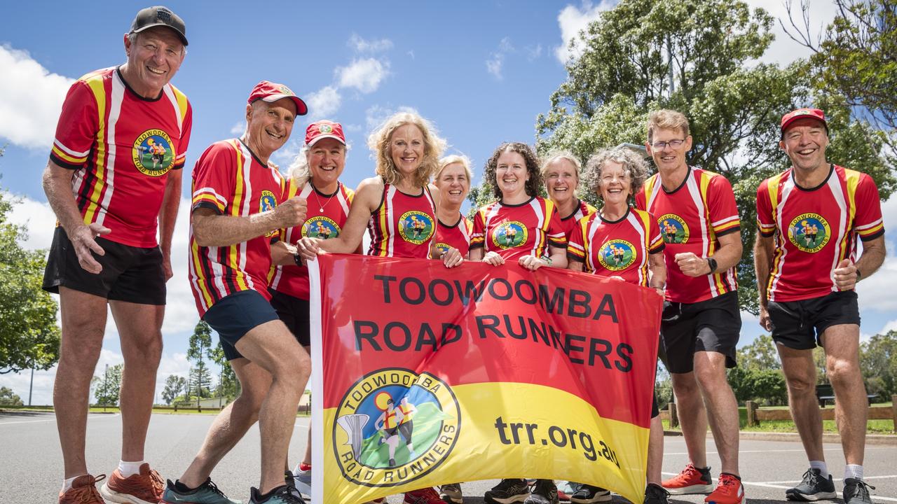 Toowoomba Road Runners members (from left) Brett Ebneter, Peter Williams, Christine Galley, Wendy Dighton, Chris Gillett, Laura Pascoe, Jackie Amos, Cathie Murtagh, Stuart Pocknee and Mark Galley are ready for the Toowoomba Marathon. Picture: Kevin Farmer
