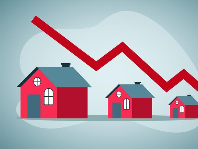 Housing price falling down, real estate and property crash, value drop or decline, home loan or mortgage risk concept.