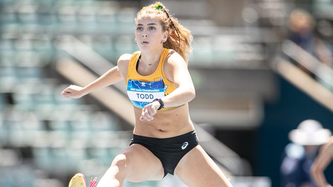 Women’s under 17s 400m hurdles finalist Piper Todd from Bankstown. Picture: Julian Andrews