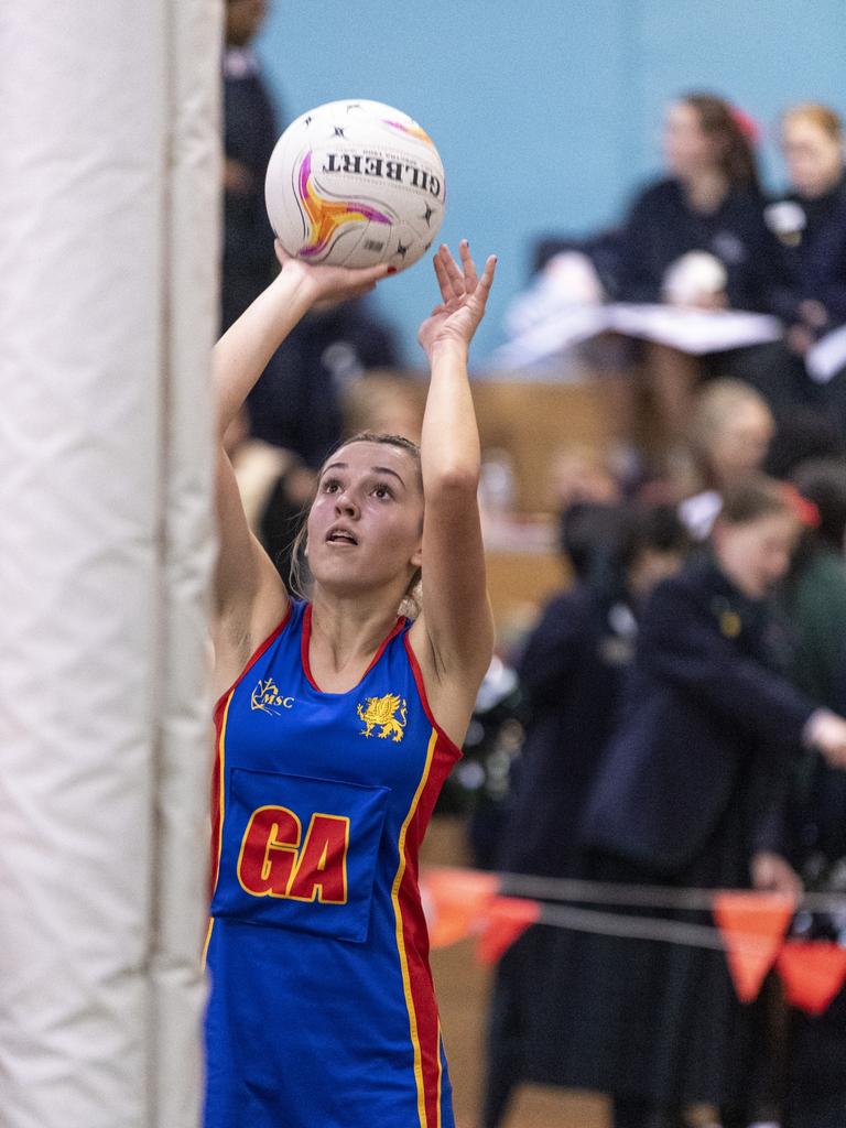 Mia Kleidon of Downlands Second VII against St Ursula's Senior B in Merici-Chevalier Cup netball at Salo Centre, Friday, July 19, 2024. Picture: Kevin Farmer