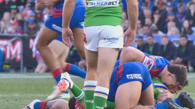 The incident when Canberra's Jack Wighton is accused of biting Tyson Gamble.