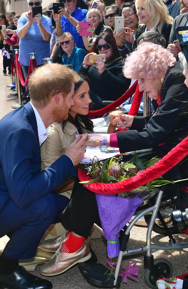 “Congratulations, I think that’s marvellous,” said Daphne Dunne to the Duchess of Sussex referring to her pregnancy. “It’s just what Harry needs.” Picture: Samir Hussein