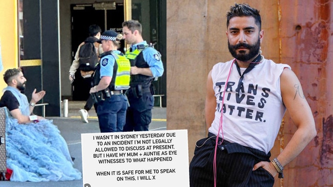 Deni Todorovic speaks with police at Melbourne on Monday, left, and at Fashion Week in Sydney on Tuesday, right, after posting about the incident at the airport, inset. Pictures: Supplied/News Corp