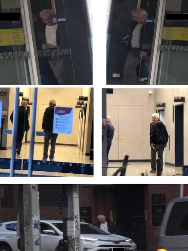 Covert pictures allegedly show V/Line chief executive James Pinder meeting with the head of a cleaning company that won lucrative government and Metro Trains contracts. Picture: Supplied.