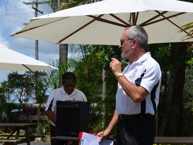 NDRL assistant secretary Robert "Neil" Redfern (front) and president Greg Appo (rear) at the season launch at South Kolan Hotel on Saturday. Photo taken March 7, 2015.Photo Matthew McInerney  / NewsMail