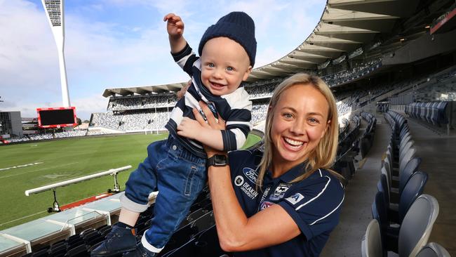 AFLW player Renee Garing and her baby son, Parker