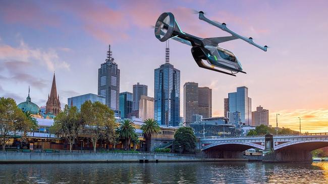 Uber Air EmbraerX prototype aircraft flying over Melbourne. Picture: Supplied