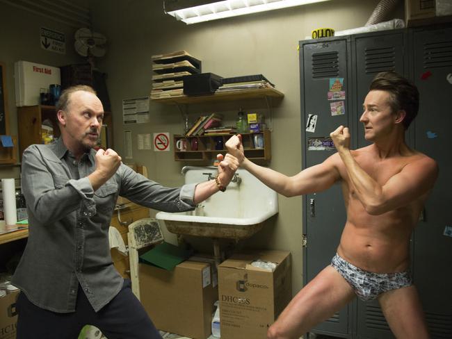 Michael Keaton and Edward Norton in a scene from "Birdman."