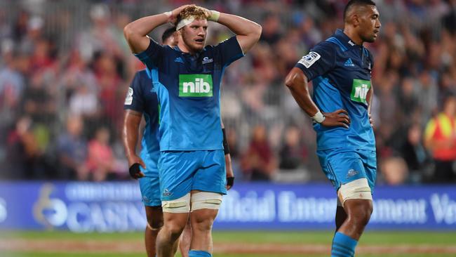 Blake Gibson of the Blues reacting during the round four Super Rugby match.
