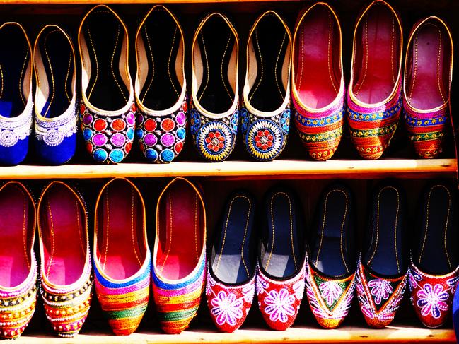 Handmade shoes at a flea market in Mumbai.