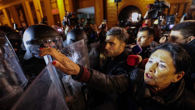 Georgia's President Salome Zurabishvili, right, attends a demonstration in downtown Tbilisi at the weekend after Prime Minister Irakli Kobakhidze said the country would not pursue European Union accession until 2028. Picture: Giorgi Arjevanidze/AFP