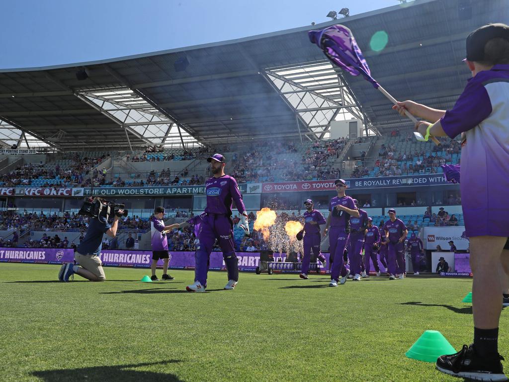 Hurricanes captain Matthew Wade leads the Hobart Hurricanes out against the Melbourne Stars. Picture: LUKE BOWDEN