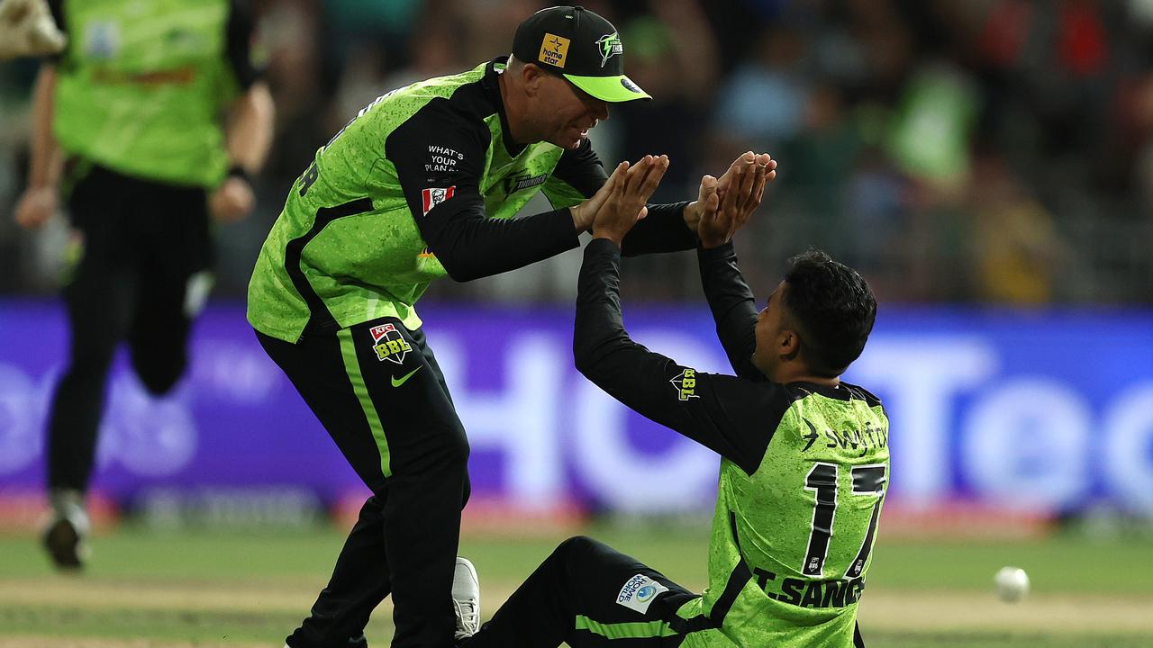 Tanveer Sangha celebrates after taking Glenn Maxwell’s wicket. Picture: Robert Cianflone/Getty Images)