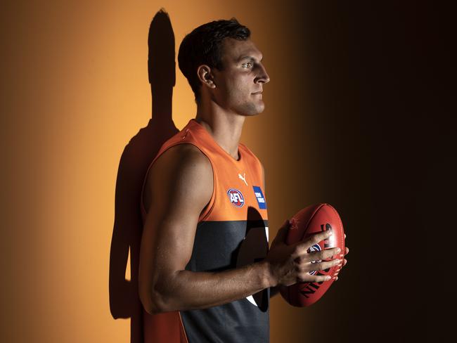 SYDNEY, AUSTRALIA - JANUARY 19:  Braydon Preuss of the Giants poses during the GWS Giants AFL portrait session on January 19, 2021 in Sydney, Australia. (Photo by Ryan Pierse/Getty Images)