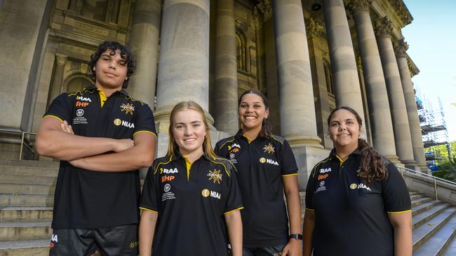 Teen Parliament.Students from the Tjindu Foundation on the steps of Parliament House. Picture: RoyVPhotography