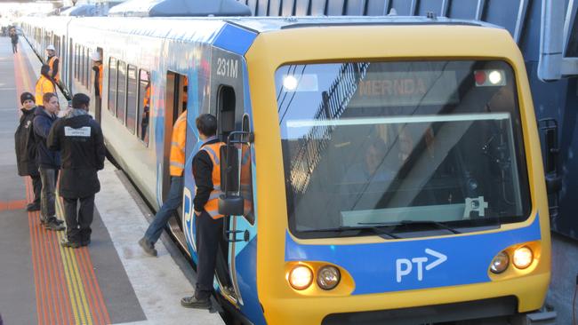 The first Mernda test train gets ready to leave South Morang station. Picture: Darren Peters