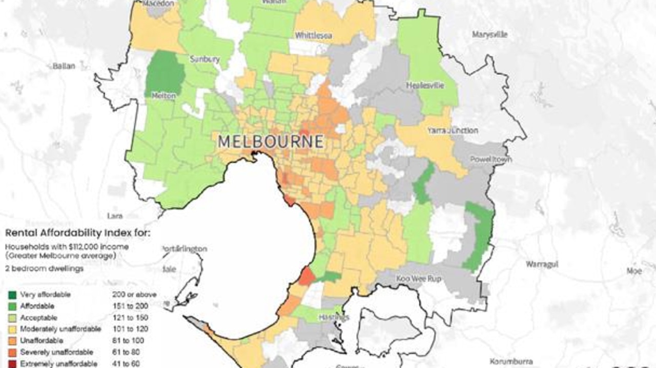 Rental affordability shades across Melbourne using median incomes. Source: SGS Economics &amp; Planning