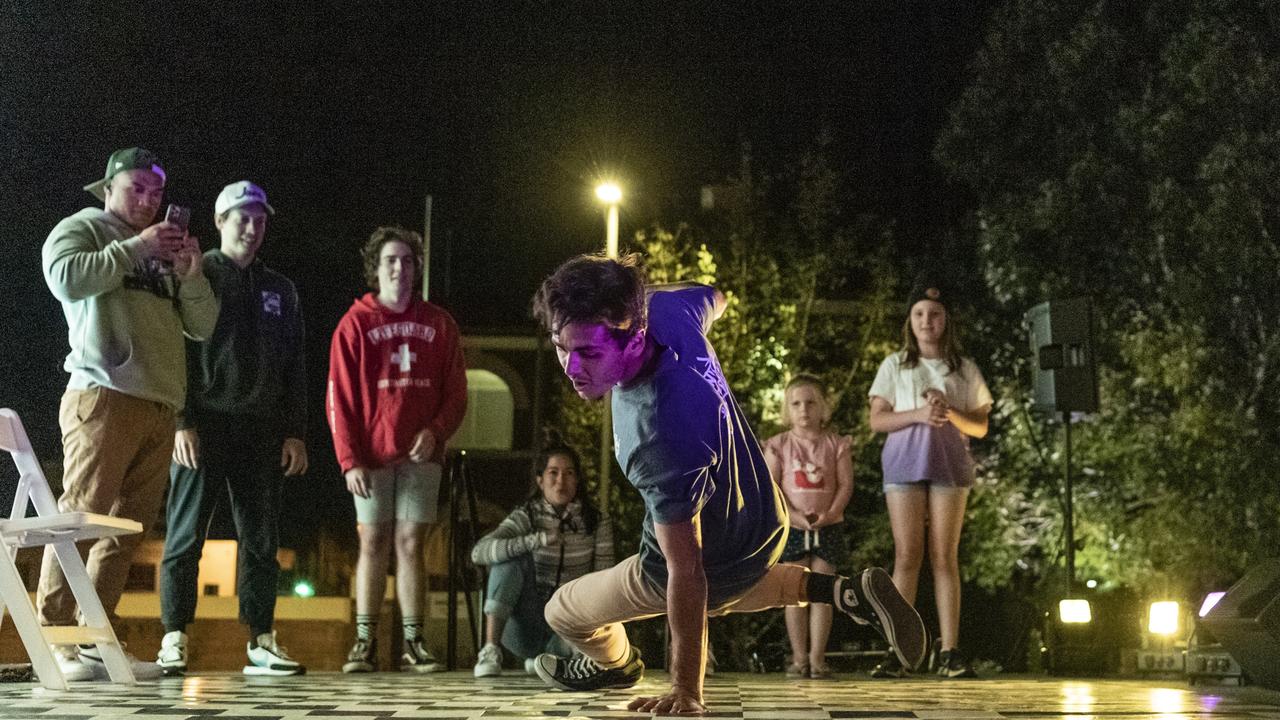 Benny Buchiho as The Elements Collective host a break dance battle at the Curious Arts Festival at Empire Theatres, Saturday, April 2, 2022. Picture: Kevin Farmer