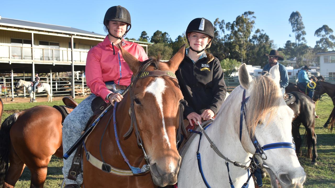 Kiara Bressington and Abbey Monckton from Cambooya ready to compete at the 2021 Killarney Rodeo in barrel racing. Photo: Madison Mifsud-Ure / Warwick Daily News