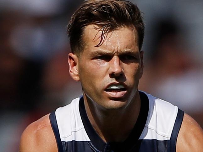 MELBOURNE, AUSTRALIA - MARCH 19: Shaun Higgins of the Cats looks on during the 2022 AFL Round 01 match between the Geelong Cats and the Essendon Bombers at the Melbourne Cricket Ground on March 19, 2022 In Melbourne, Australia. (Photo by Dylan Burns/AFL Photos via Getty Images)