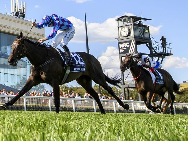 MELBOURNE, AUSTRALIA - MARCH 16: Declan Bates riding Pride of Jenni defeats Craig Williams riding Mr Brightside and Cascadian in Race 8, the The Sharp Eit All-star Mile, during The All-Star Mile Race Day at Caulfield Racecourse on March 16, 2024 in Melbourne, Australia. (Photo by Vince Caligiuri/Getty Images)