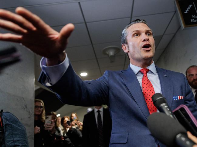 WASHINGTON, DC - DECEMBER 05: U.S. President-elect Donald Trump's nominee to be Secretary of Defense Pete Hegseth speaks to reporters after meeting with lawmakers on Capitol Hill on December 5, 2024 in Washington, DC. Hegseth continues to meet with Senate Republicans on Capitol Hill as new allegations of alcohol abuse have emerged.   Samuel Corum/Getty Images/AFP (Photo by Samuel Corum / GETTY IMAGES NORTH AMERICA / Getty Images via AFP)