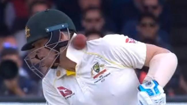 Steve Smith is hit by a ball at Lord’s. Picture: Channel Nine