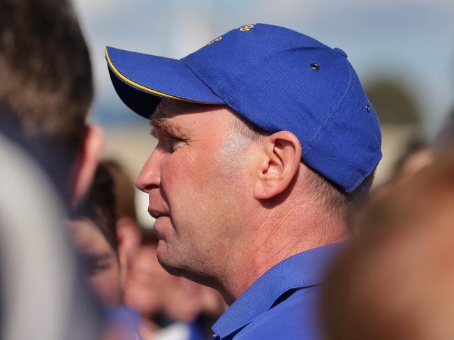 Garry Ramsay coach of Macleod speaks to his team at quarter time during the NFL grand final between Greensborough and Macleod played Preston City Oval on Saturday, September 19, 2015, in Preston, Victoria, Australia. Picture: Hamish Blair