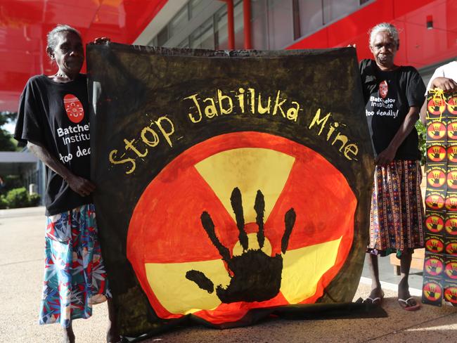 Mirarr Traditional Owners held a protest outside the Energy Resources of Australia Annual General Meeting of shareholders at the Oaks Darwin Elan Hotel, Wood St following the mine owner's decision apply for a mine lease extension for Jabiluka. Picture: Zizi Averill
