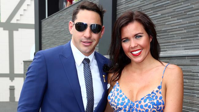 Billy and Nicole Slater in the Birdcage at Flemington Racecourse during the Melbourne Cup.