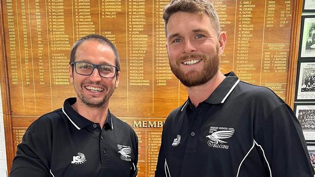 Payneham Norwood Union coach Jeremy Cini (left) was thrilled with recruit Brad McKenzie and co’s performance on Saturday against Old Ignatians. Picture: Payneham Norwood Union Football Club