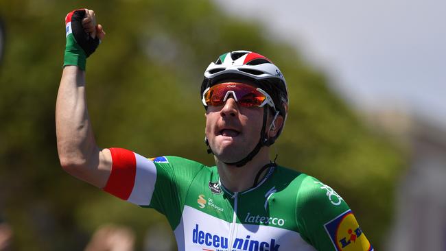 ADELAIDE, AUSTRALIA - JANUARY 15: Arrival / Elia Viviani of Italy and Deceuninck - Quick-Step Team / Celebration / during the 21st Santos Tour Down Under 2019 , Stage 1 a 129km stage from Adelaide to Adelaide / TDU / on January 15, 2019 in Adelaide, Australia. (Photo by Tim de Waele/Getty Images)