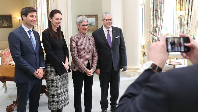 Jacinda Ardern, her partner Clarke Gayford, Governor of Victoria Linda Dessau and her husband Anthony Howard. Picture: AAP