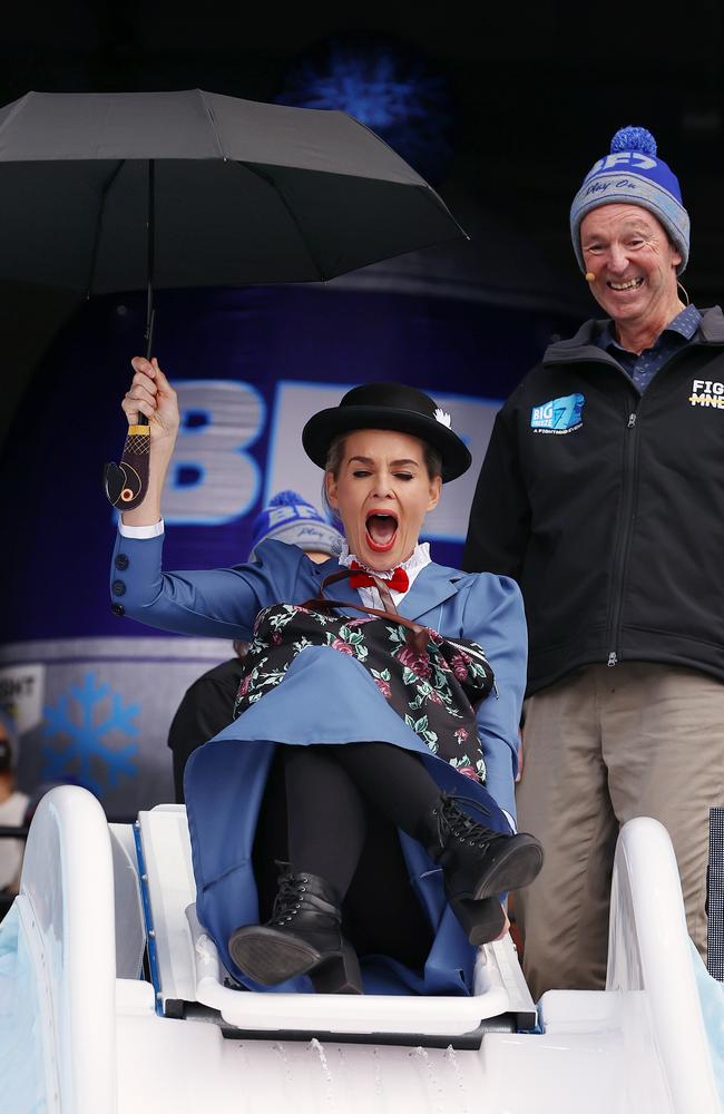 Fox Footy presenter Sarah Jones dressed as Mary Poppins for her plunge. Picture: Michael Klein