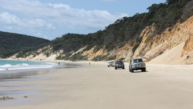 Beach driving with Noosa 4WD Eco Tours in the Cooloola Recreation Area of the Great Sandy National Park, Queensland.