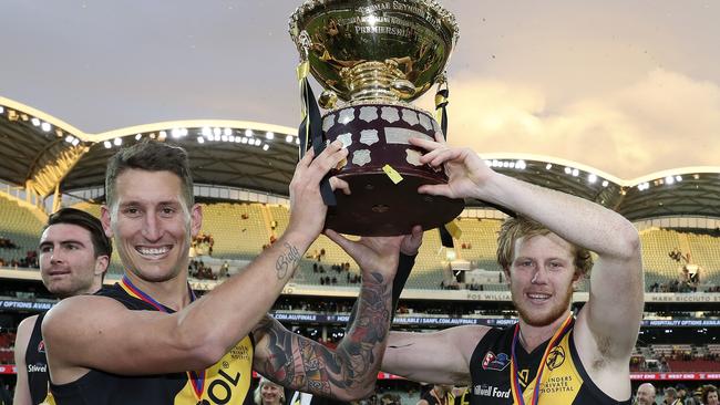 Jesse White and Josh Scott with the premiership cup. Picture: Sarah Reed