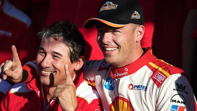 Scott McLaughlin celebrates with Ludo Lacroix engineering director at Shell V-Power Racing Team after taking pole position in the Top 10 Shootout for the Bathurst 1000 in 2017. Picture: Daniel Kalisz/Getty Images