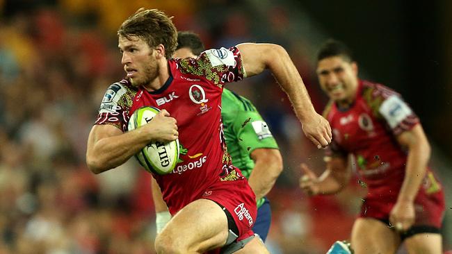 Qld Reds vs The Highlanders, at Suncorp Stadium. Dom Shipperley makes a break. Pic Jono Searle