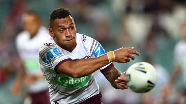 Manly's Api Koroisau fires out a pass this seasson. Picture: Gregg Porteous