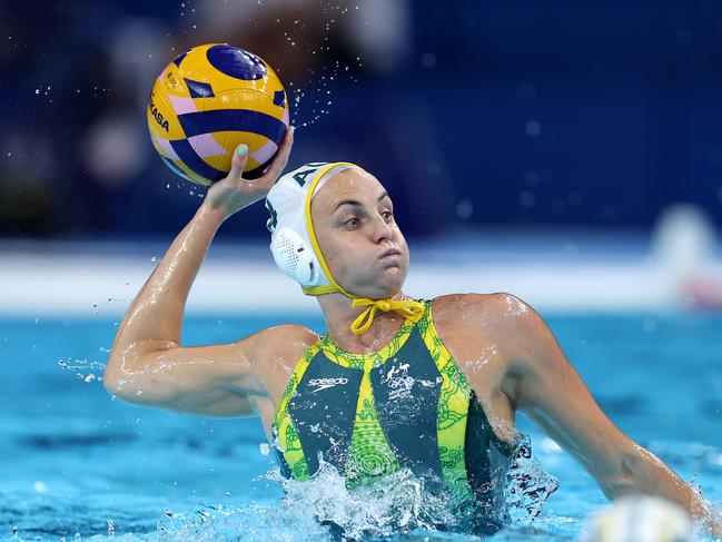 NANTERRE, FRANCE - AUGUST 10: Bronte Halligan of Team Australia looks to make a pass in the Women's Gold Medal match between Team Australia and Team Spain on day fifteen of the Olympic Games Paris 2024 at Paris La Defense Arena on August 10, 2024 in Nanterre, France. (Photo by Quinn Rooney/Getty Images)