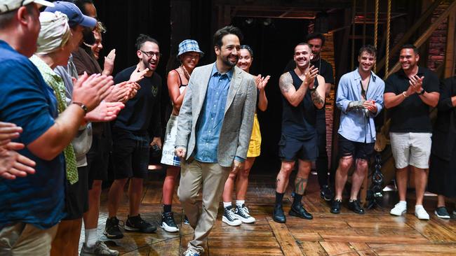 Lin-Manuel Miranda meeting the Australian company of Hamilton at QPAC. Picture: Supplied