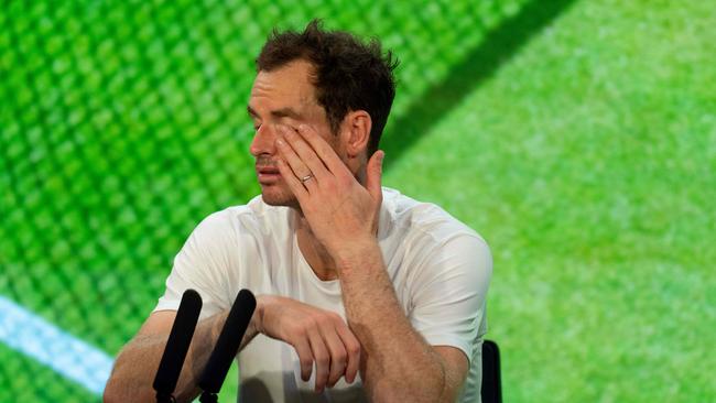 Britain's Andy Murray reacts as he speaks during a press conference after his defeat against Greece's Stefanos Tsitsipas in their men's singles tennis match on the fifth day of the 2023 Wimbledon Championships at The All England Tennis Club in Wimbledon, southwest London, on July 7, 2023. (Photo by Joe TOTH / various sources / AFP) / RESTRICTED TO EDITORIAL USE