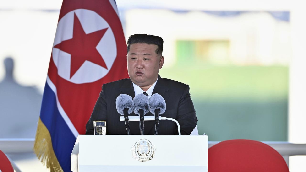 Kim Jong-un speaks during a launching ceremony of a new naval destroyer at a western port in Nampo in April. Picture: Korean Central News Agency/Korea News Service via AP, File