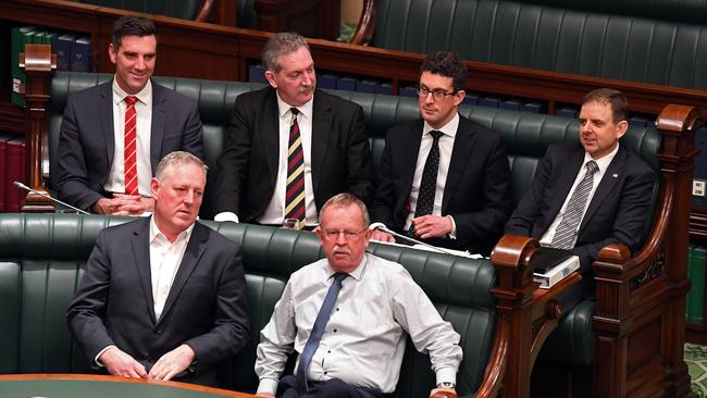 Liberal backbenchers Steve Murray, Dan Cregan, Nick McBride and Fraser Ellis, join Independent MPs Troy Bell and Geoff Brock in July. Picture: Tom Huntley