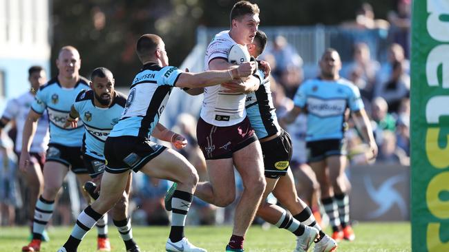 Shaun Lane busting through the line for Manly against Cronulla in 2018. Picture: Brett Costello