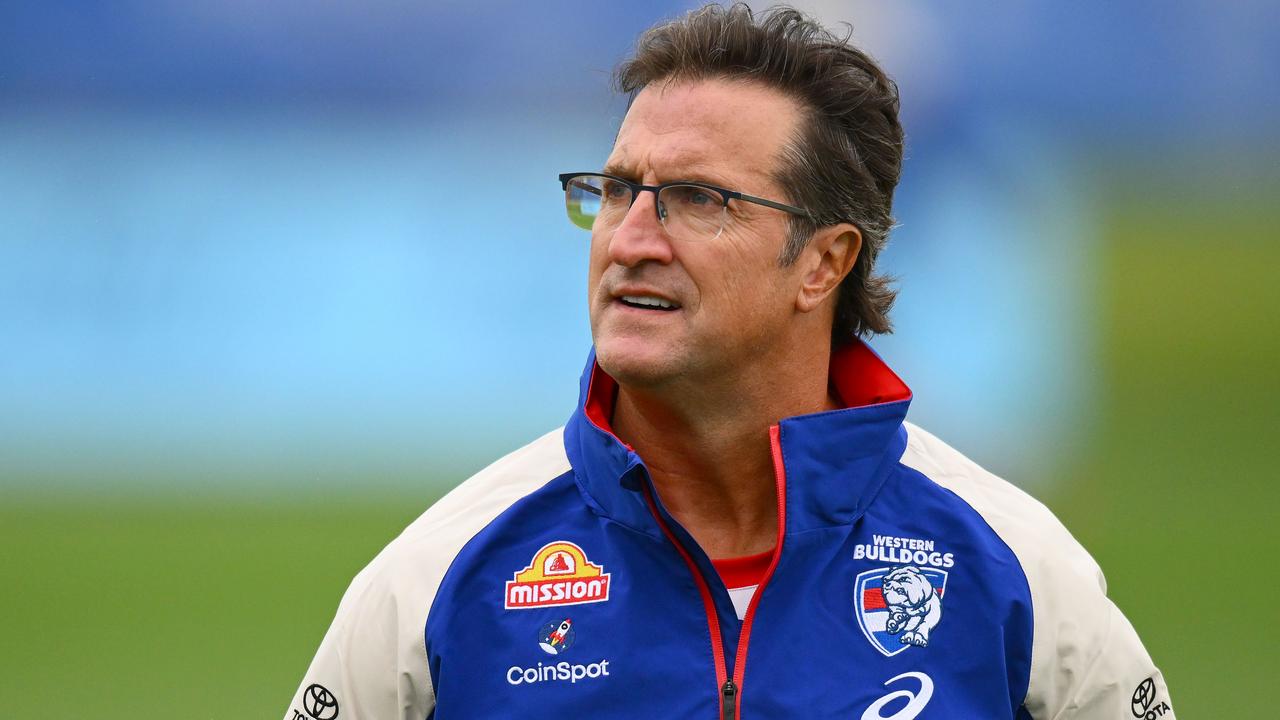 MELBOURNE, AUSTRALIA - NOVEMBER 27: Buldogs senior coach, Luke Beveridge watches on during a Western Bulldogs AFL training session at Whitten Oval on November 27, 2023 in Melbourne, Australia. (Photo by Morgan Hancock/Getty Images)