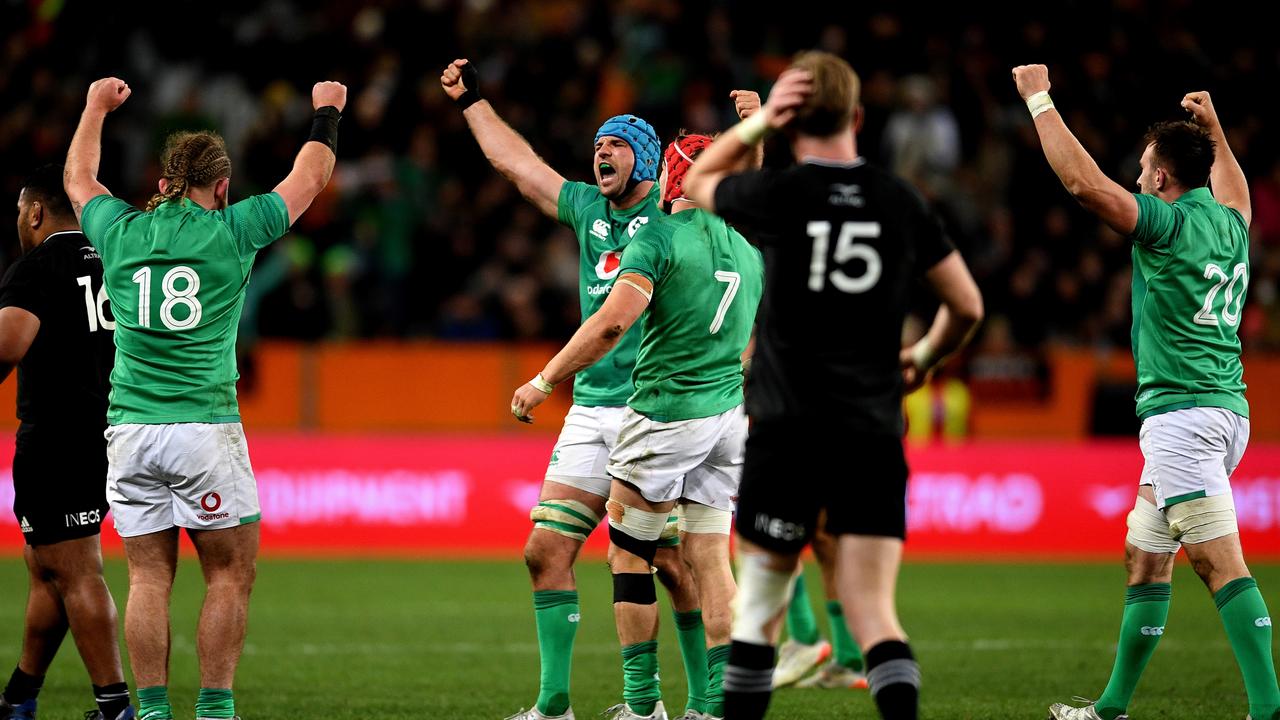 Ireland celebrate their first win over the All Blacks in New Zealand on July 09, 2022 in Dunedin, New Zealand. Photo: Getty Images