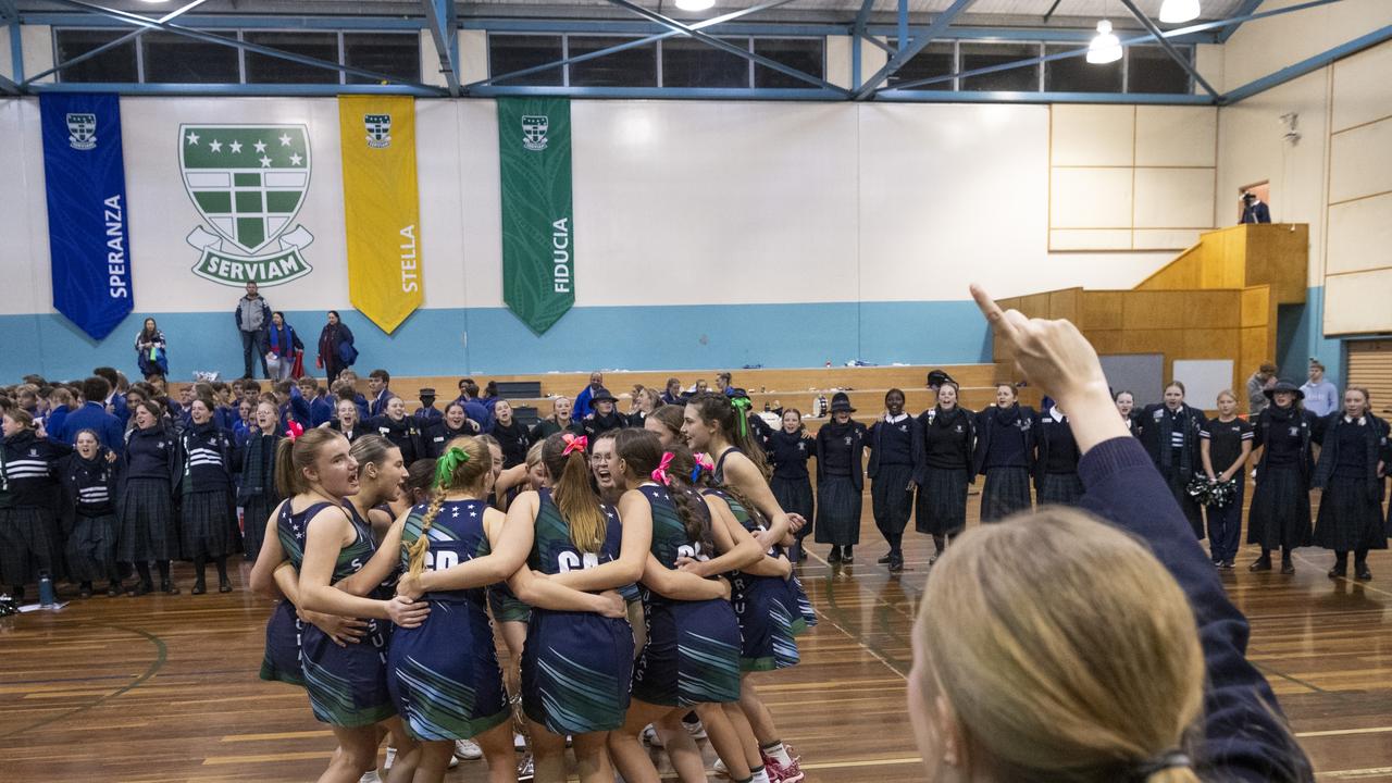 St Ursula's Senior A celebrate after defeating Downlands First VII to claim the Merici-Chevalier Cup in netball at Salo Centre, Friday, July 19, 2024. Picture: Kevin Farmer