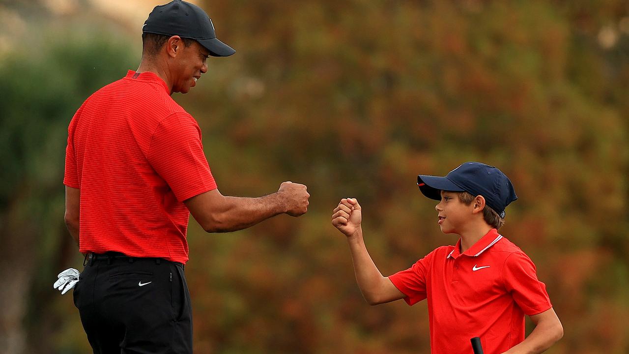 Tiger Woods and son Charlie play together. Picture: Mike Ehrmann/Getty Images)
